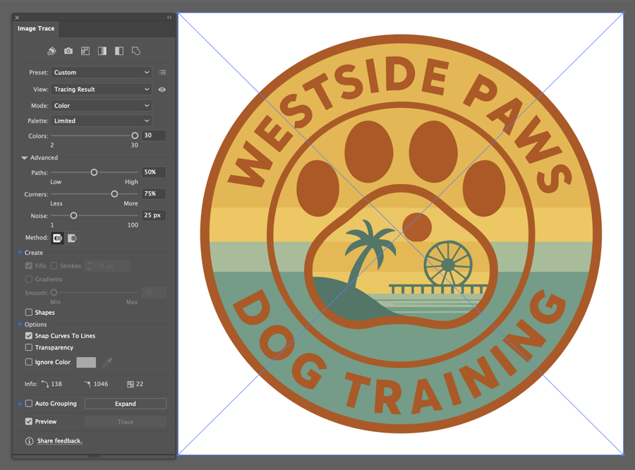 Image Trace producing a clean result with 138 paths on an already hand-vectorized version of the Westside Paws logo