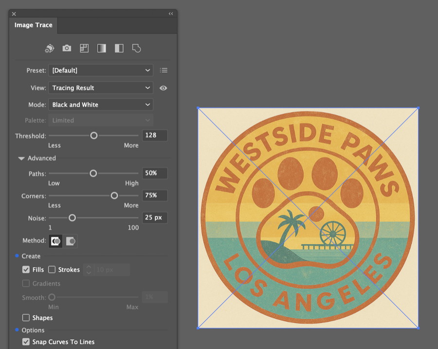 Illustrator Image Trace panel with the original Westside Paws logo placed, before running the trace
